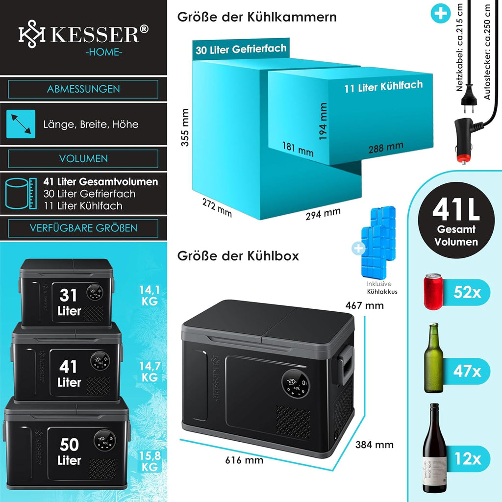 KESSER Nevera Portátil de Compresor Doble Zona hasta -20 °C con Pantalla Táctil, 12/24 V y 230 V