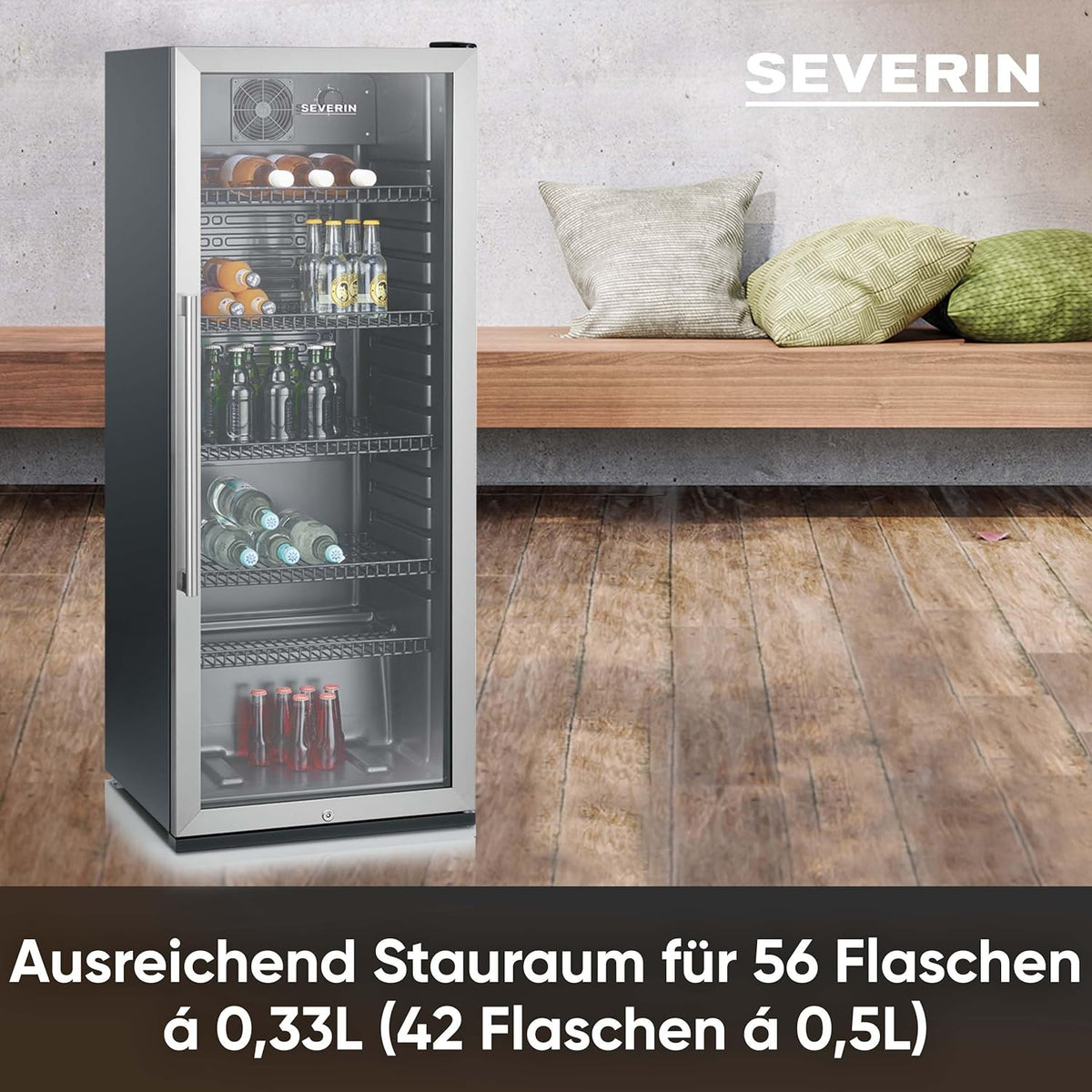 SEVERIN FSK 8840 Nevera para Botellas con Cerradura y Luz LED, 118 L, Negro/Plata