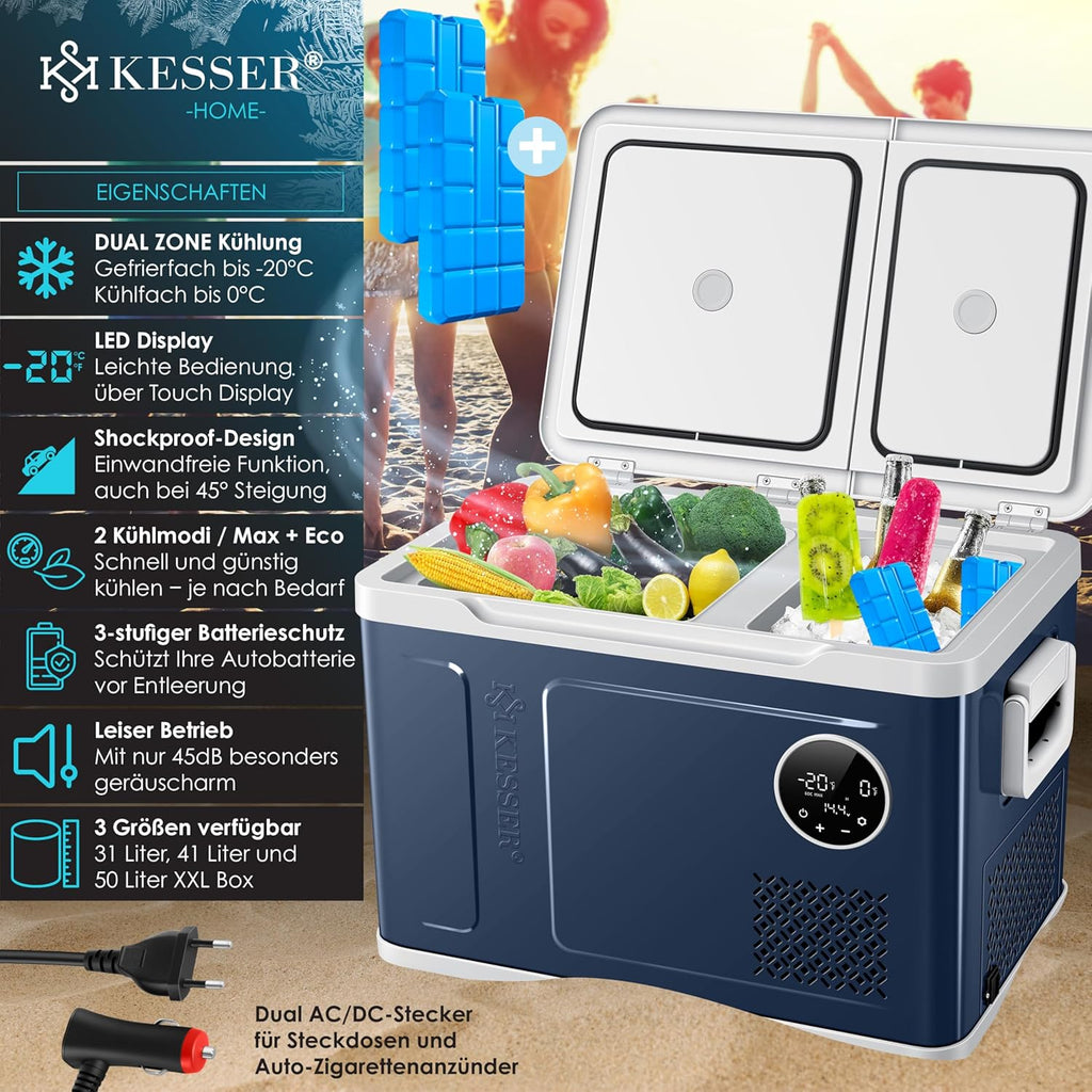 KESSER Nevera Portátil de Compresor Doble Zona hasta -20 °C con Pantalla Táctil, 12/24 V y 230 V