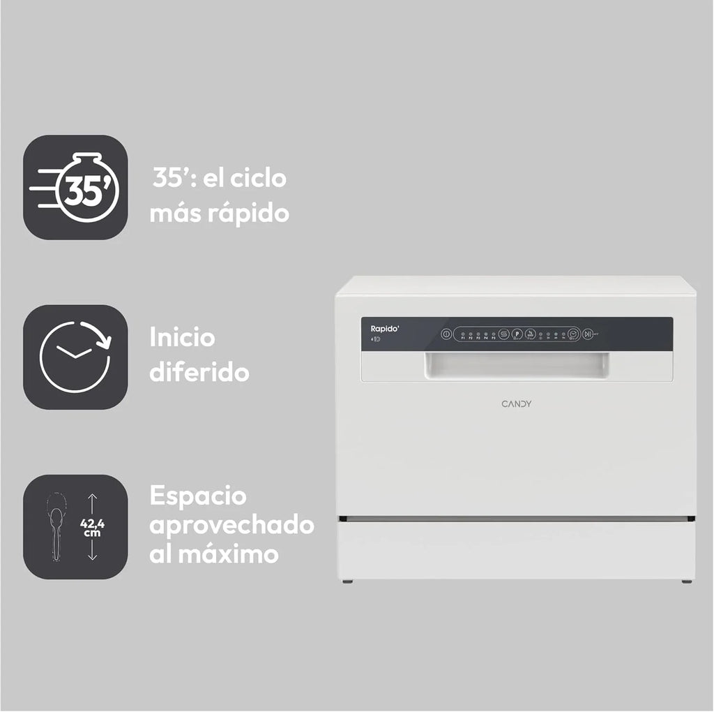 Candy CP 6E51LW Lavavajillas Compacto de Encimera 6 Servicios, 5 Programas, 51 dB, Blanco