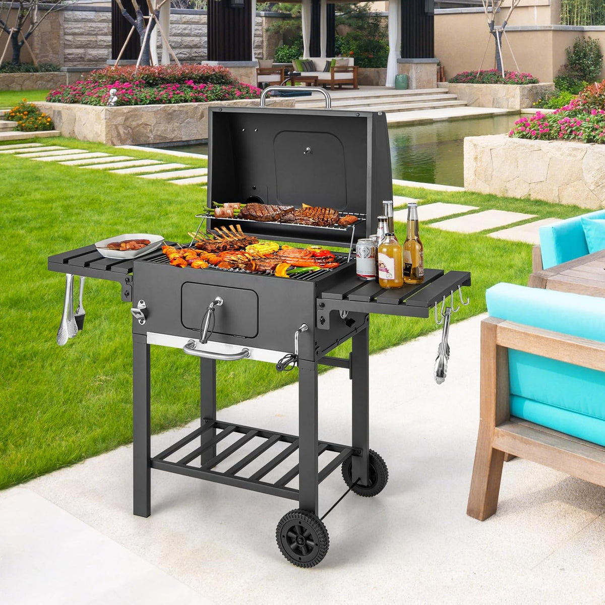 COSTWAY Barbacoa de Carbón XXL 128 x 54 x 117 cm con Tapa, Termómetro, Mesas Plegables y Ruedas