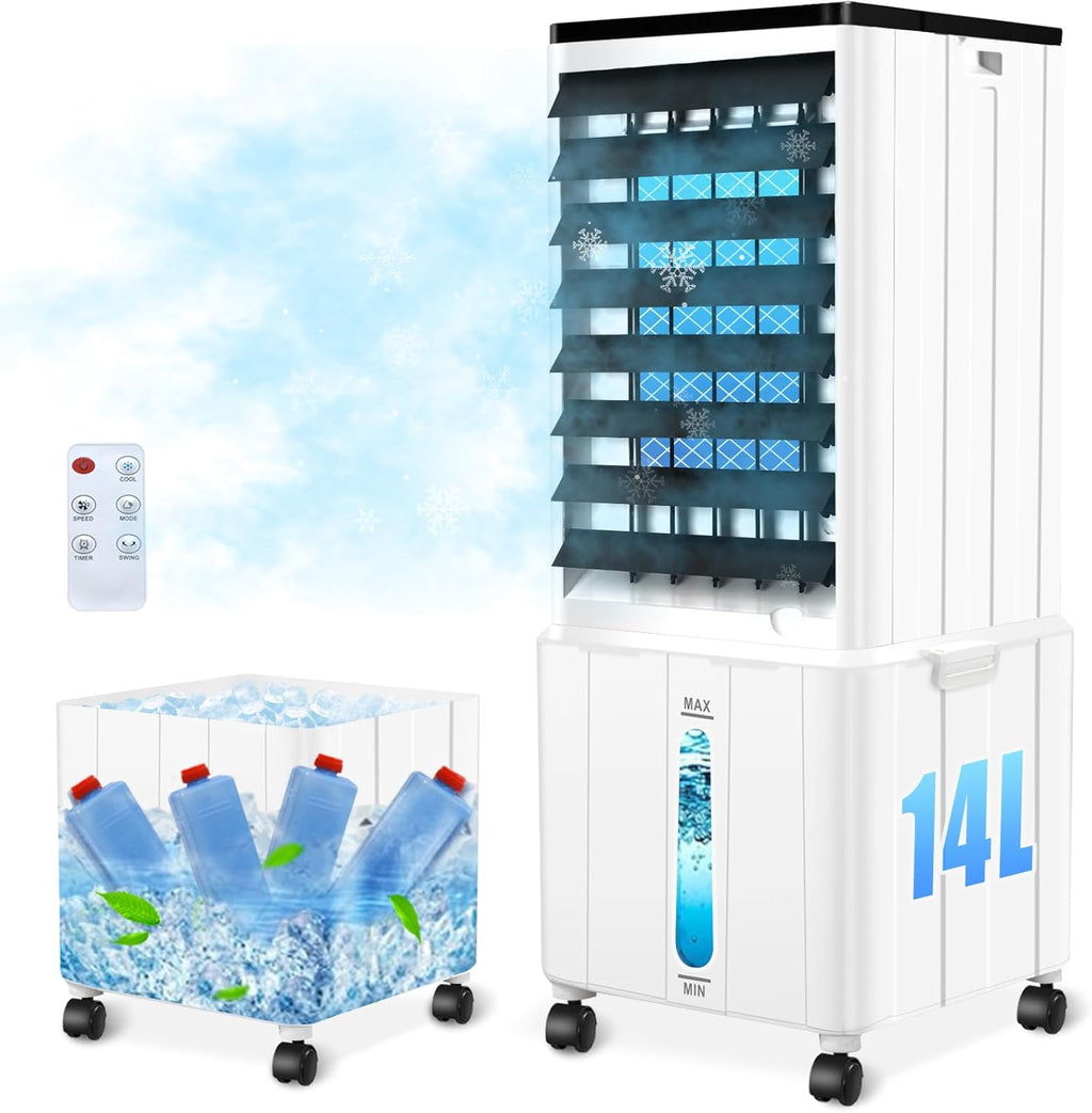 Climatizador Evaporativo sin Tubo con Depósito de 14 L, 60 W, Mando, Temporizador 12 h