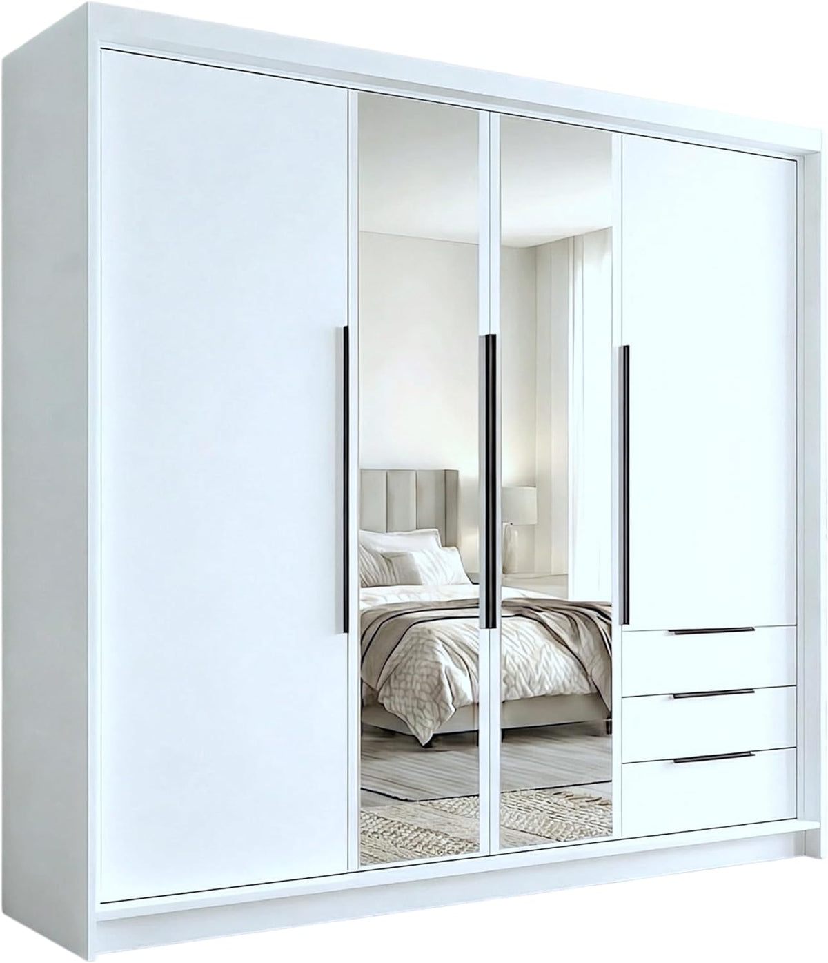 A&J MöbelLand VIVO Armario 4 Puertas con Espejo y Cajones 200 x 215 cm, Blanco