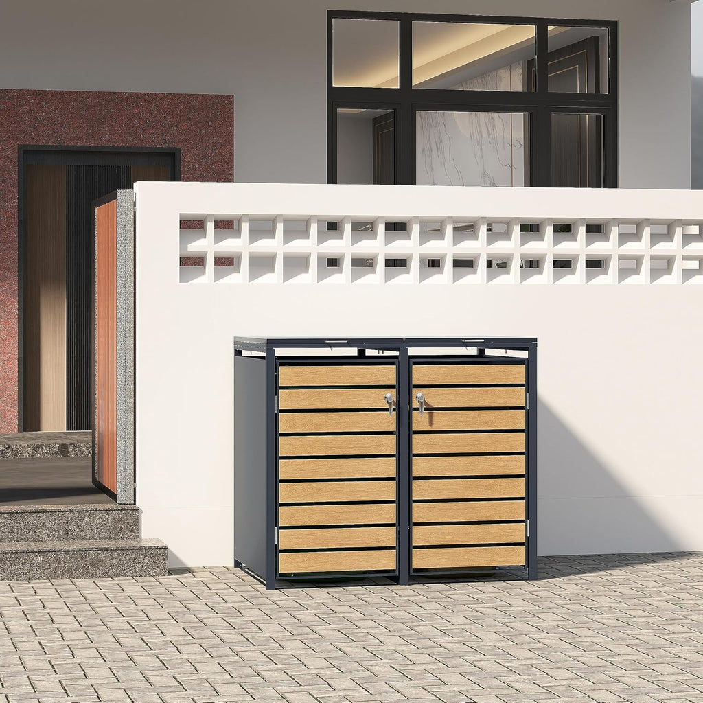 ESTEXO Cubre Contenedores de Acero para 1 Cubo de 240 L con 2 Puertas, Antracita Efecto Madera