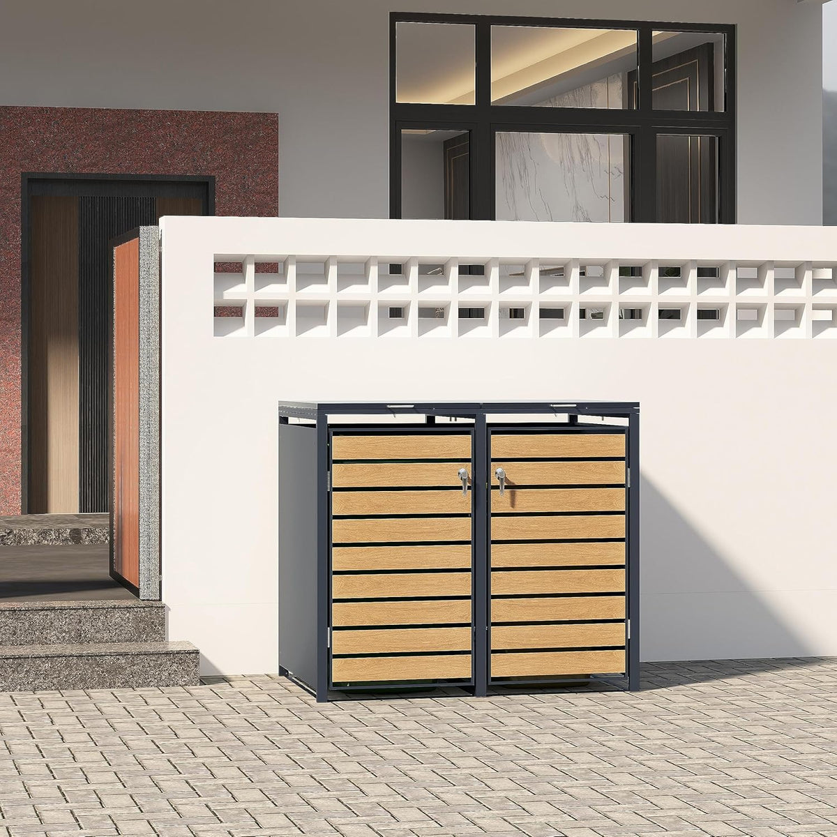 ESTEXO Cubre Contenedores de Acero para 1 Cubo de 240 L con 2 Puertas, Antracita Efecto Madera