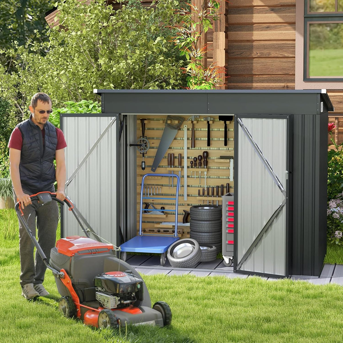 COSTWAY Caseta de Jardín Metálica 235 x 117 x 185 cm con 2 Puertas y Techo Inclinado, Gris
