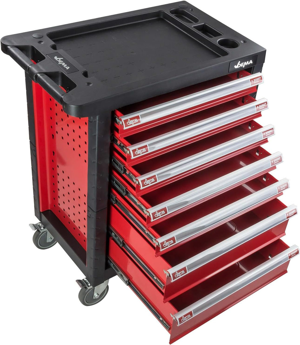DEMA Carlos Carro de Taller con 7 Cajones, Ruedas con Freno y Cerradura, Rojo y Negro