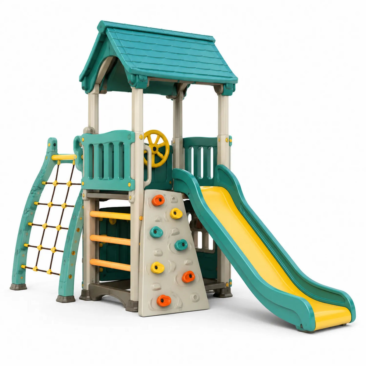 Parque Infantil con Tobogán y Torre de Escalada, Turquesa y Amarillo