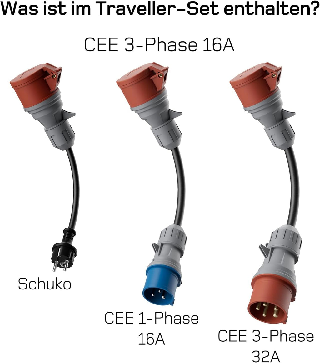 dé Cargador Portátil para Coche Eléctrico 11 kW Trifásico, Cable Tipo 2 de 7 m y Adaptadores