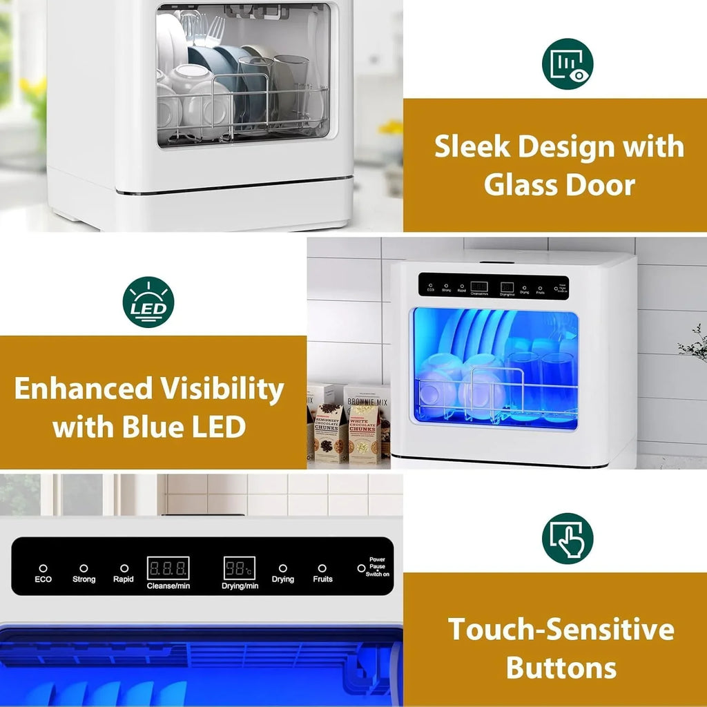 Mini Lavavajillas de Encimera 800 W con Depósito de 6 L, 6 Programas y Pantalla LED