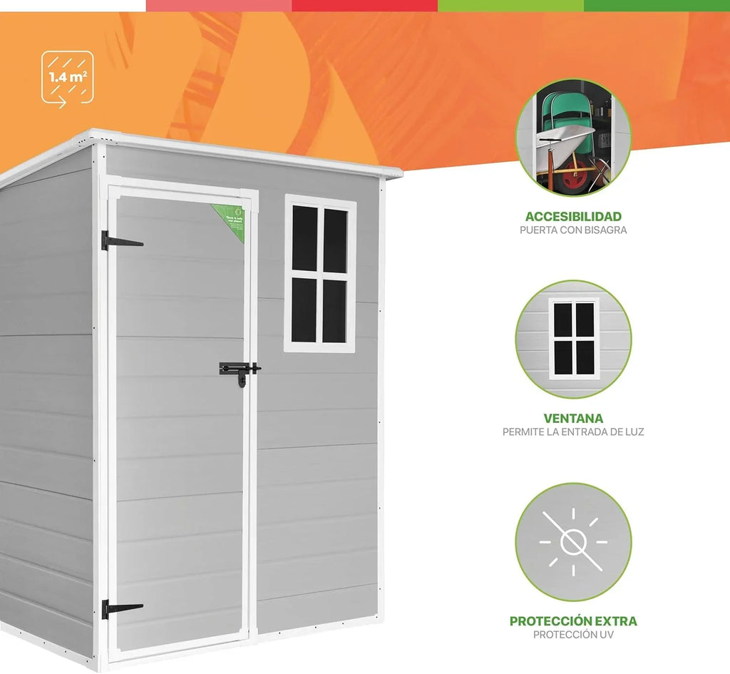 Wasabi Unit 1.4 Caseta de Jardín de Resina 1,37 m² con Suelo y Ventana, Gris y Blanco