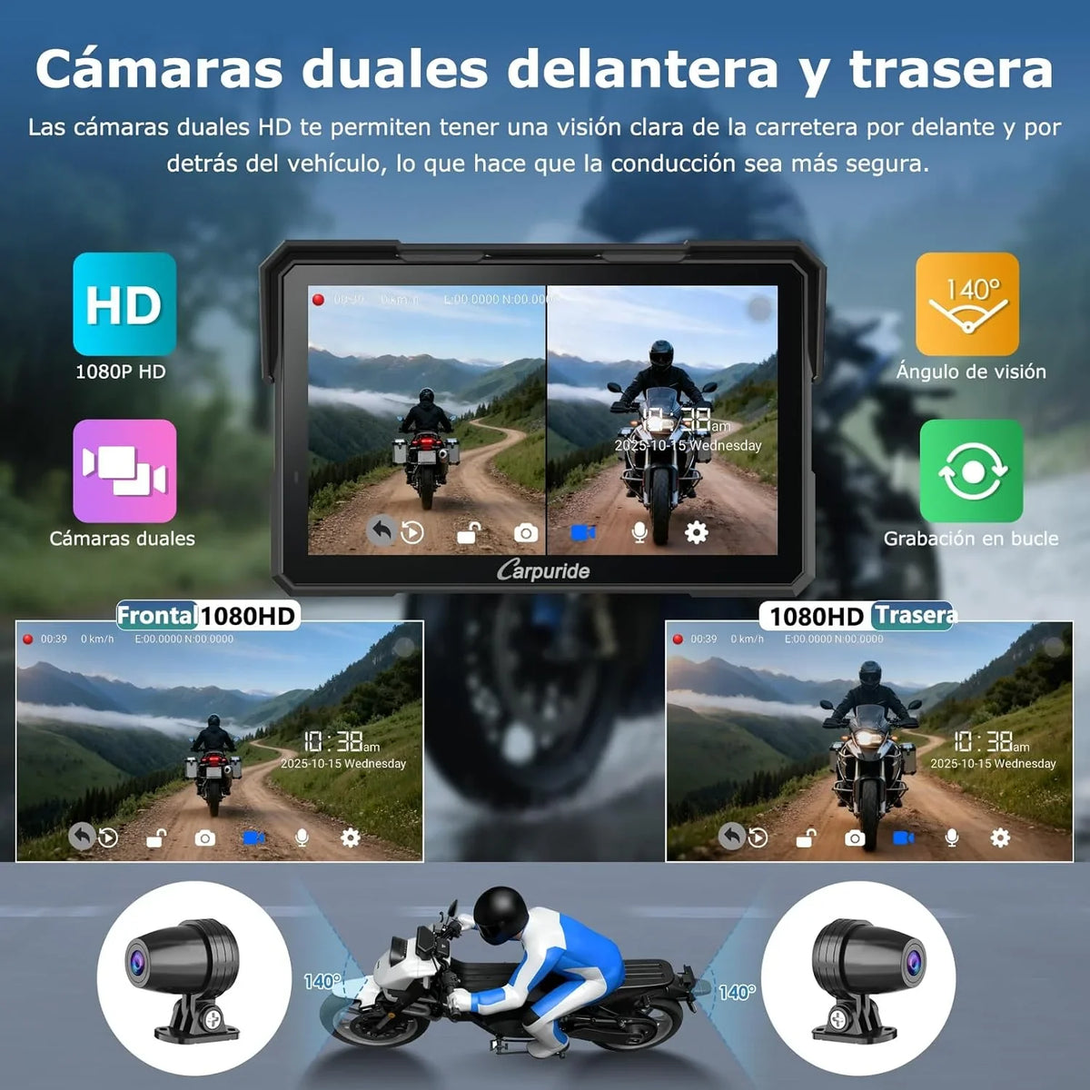 Carpuride W702 Plus Pantalla CarPlay para Moto 7" Android, CarPlay y Android Auto Inalámbricos, Doble Cámara