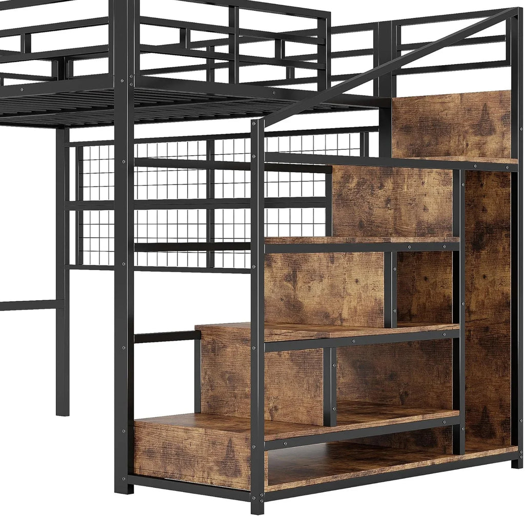 Cama Alta 140 x 200 cm de Metal Negra con Armario, Escalera de Almacenaje y Luces LED