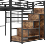 Cama Alta 140 x 200 cm de Metal Negra con Armario, Escalera de Almacenaje y Luces LED