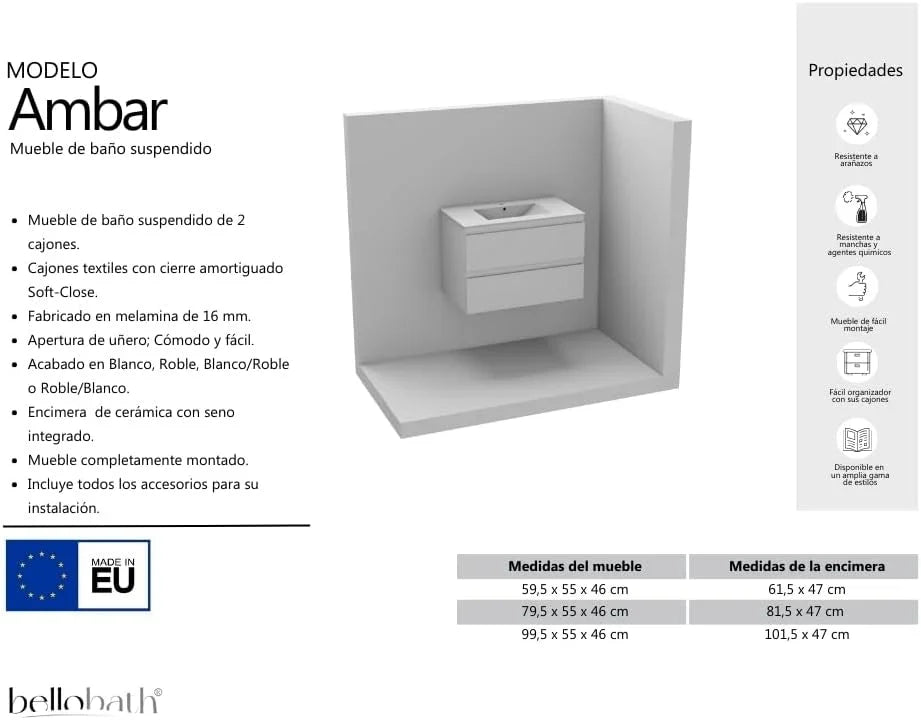 BELLOBATH Mueble de Baño Suspendido 80 cm con Lavabo de Cerámica y 2 Cajones, Roble