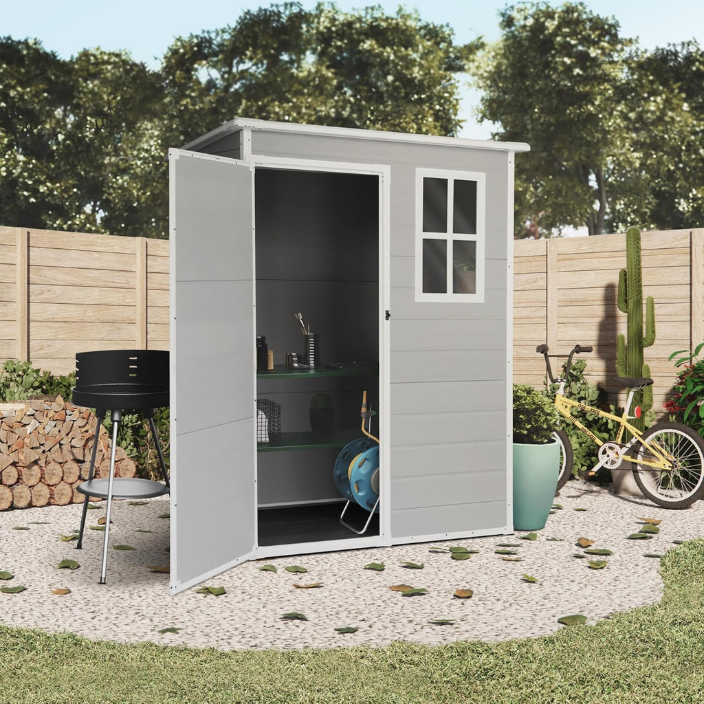 Wasabi Unit 1.4 Caseta de Jardín de Resina 1,37 m² con Suelo y Ventana, Gris y Blanco