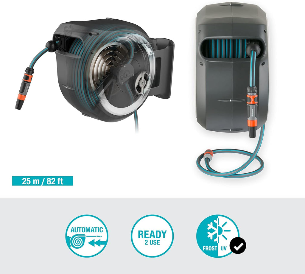 Gardena RollUp M/L Portamangueras de Pared con Manguera de 25 m, Blanco y Gris