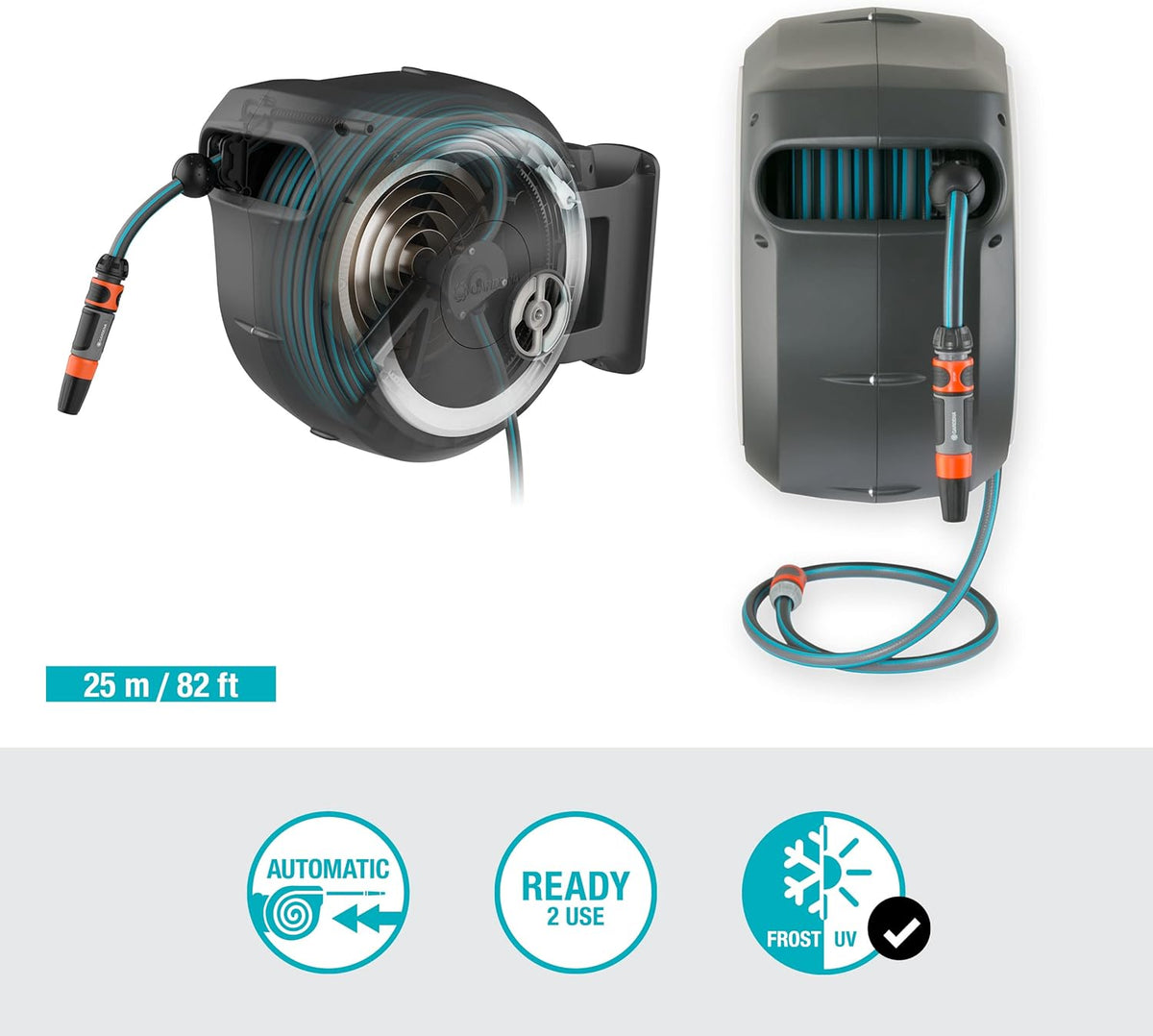 Gardena RollUp M/L Portamangueras de Pared con Manguera de 25 m, Blanco y Gris