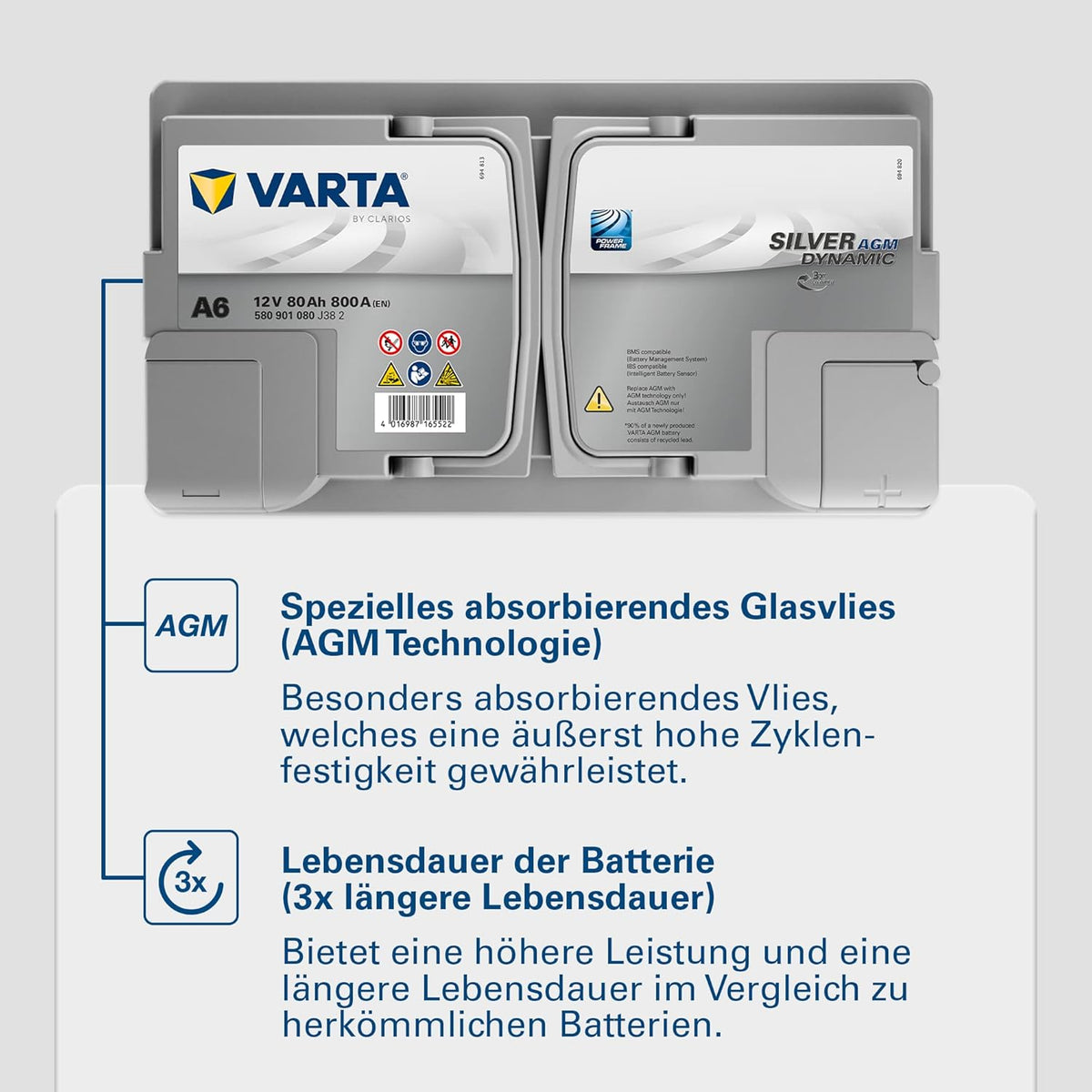 VARTA Silver Dynamic AGM A6 Batería de Coche 12 V 80 Ah 800 A para Start-Stop