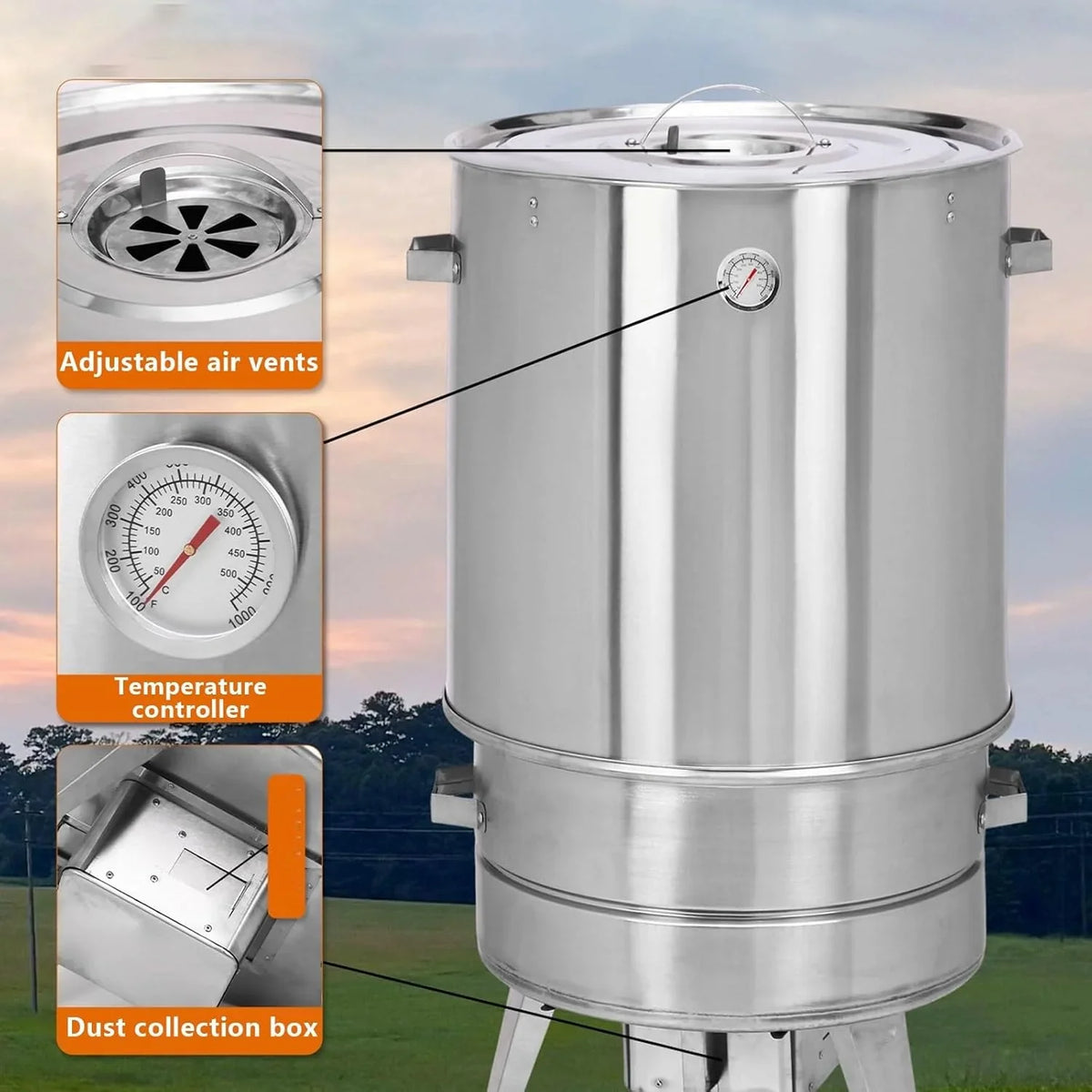 Ahumador Barril de Acero Inoxidable Ø 50 cm con Termómetro, Ganchos y Cenicero