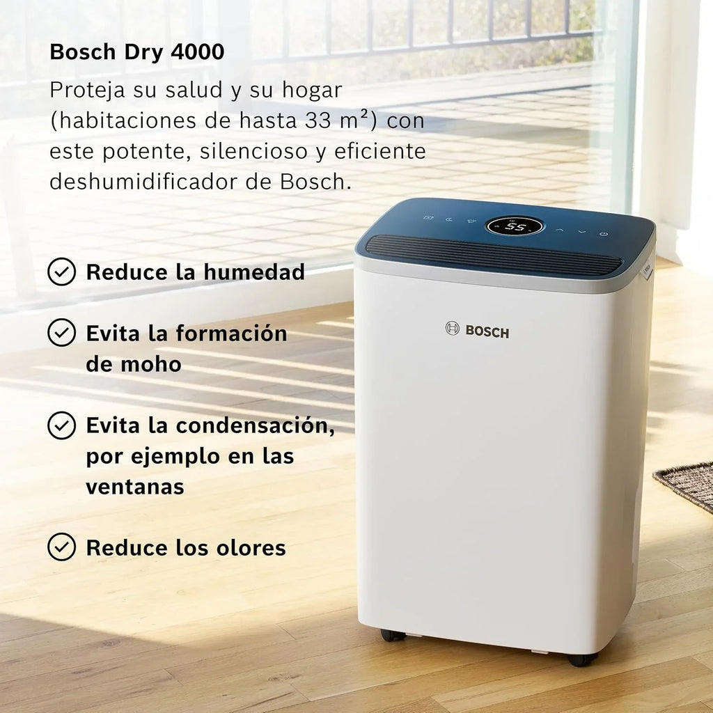 Bosch Dry 4000 Deshumidificador Silencioso 16 L/día hasta 33 m², Depósito 2,5 L, Modo Ropa