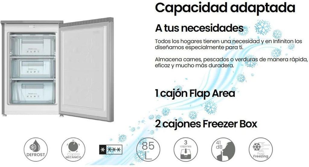 INFINITON CV-A85I Congelador Vertical 80 L, 85 cm, 3 Cajones, Puerta Reversible, Inox