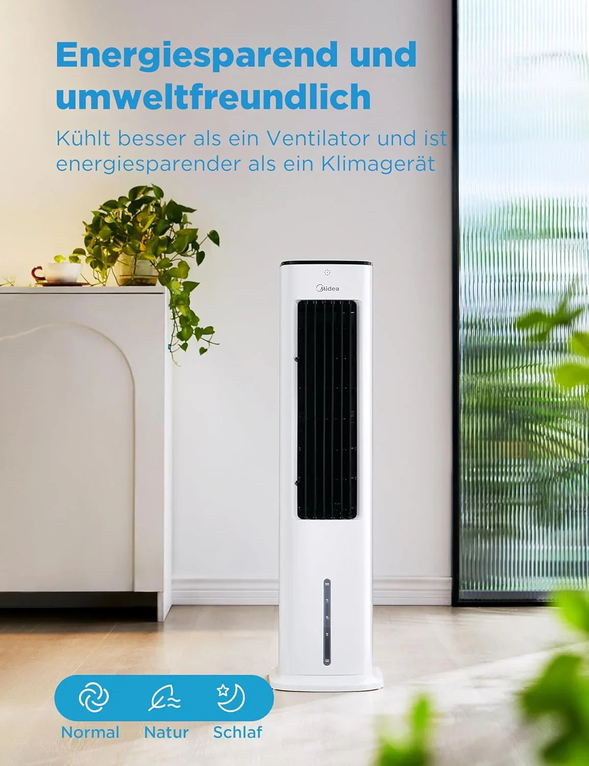 Midea Climatizador Evaporativo con Depósito de 5 L, Humidificador e Ionizador, 355 m³/h, Blanco