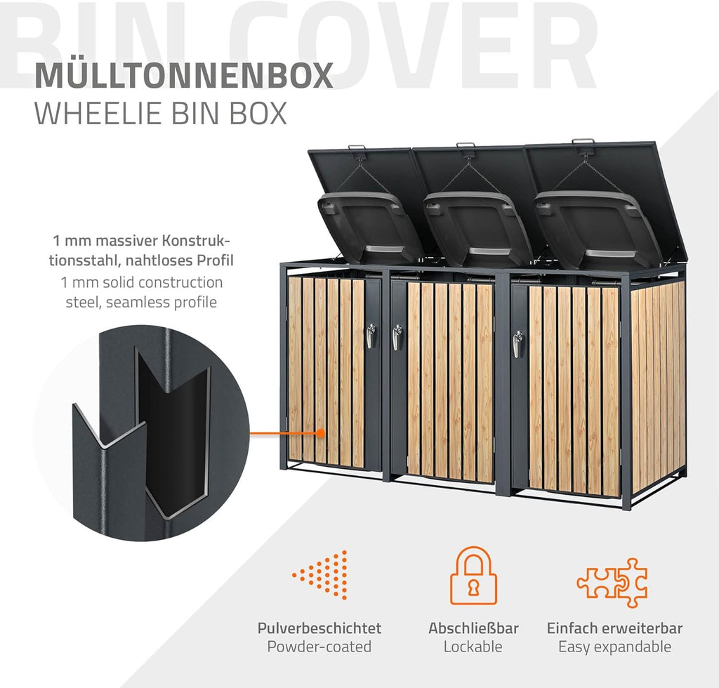 ML-Design Cubre Contenedores Triple 3 x 240 L en Acero, Antracita Efecto Madera, con Cerradura