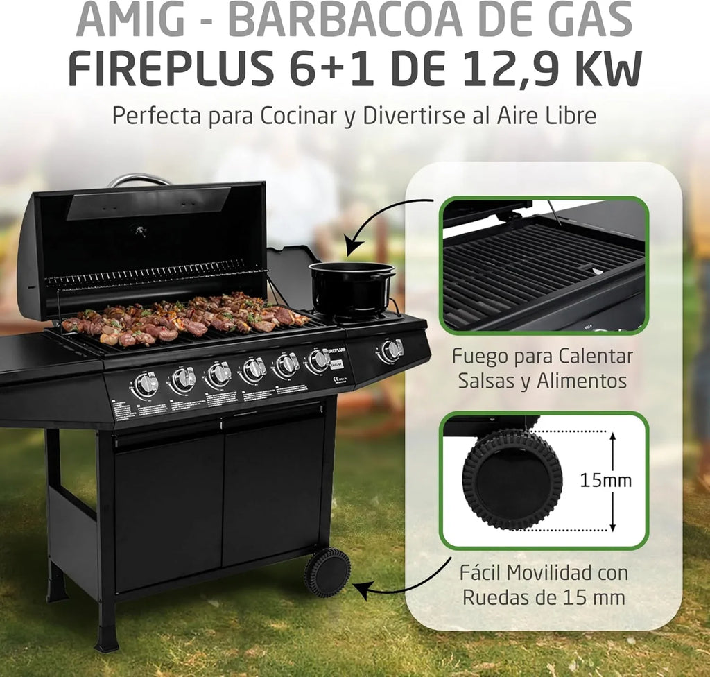 Amig Fireplus 6+1 Barbacoa de Gas 12,9 kW con 7 Quemadores, Carro y Termómetro, Inox Negro