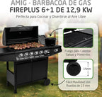 Amig Fireplus 6+1 Barbacoa de Gas 12,9 kW con 7 Quemadores, Carro y Termómetro, Inox Negro
