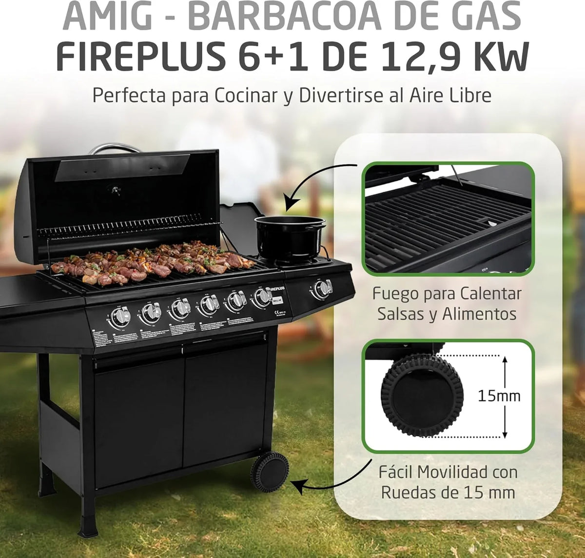 Amig Fireplus 6+1 Barbacoa de Gas 12,9 kW con 7 Quemadores, Carro y Termómetro, Inox Negro