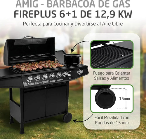 Amig Fireplus 6+1 Barbacoa de Gas 12,9 kW con 7 Quemadores, Carro y Termómetro, Inox Negro