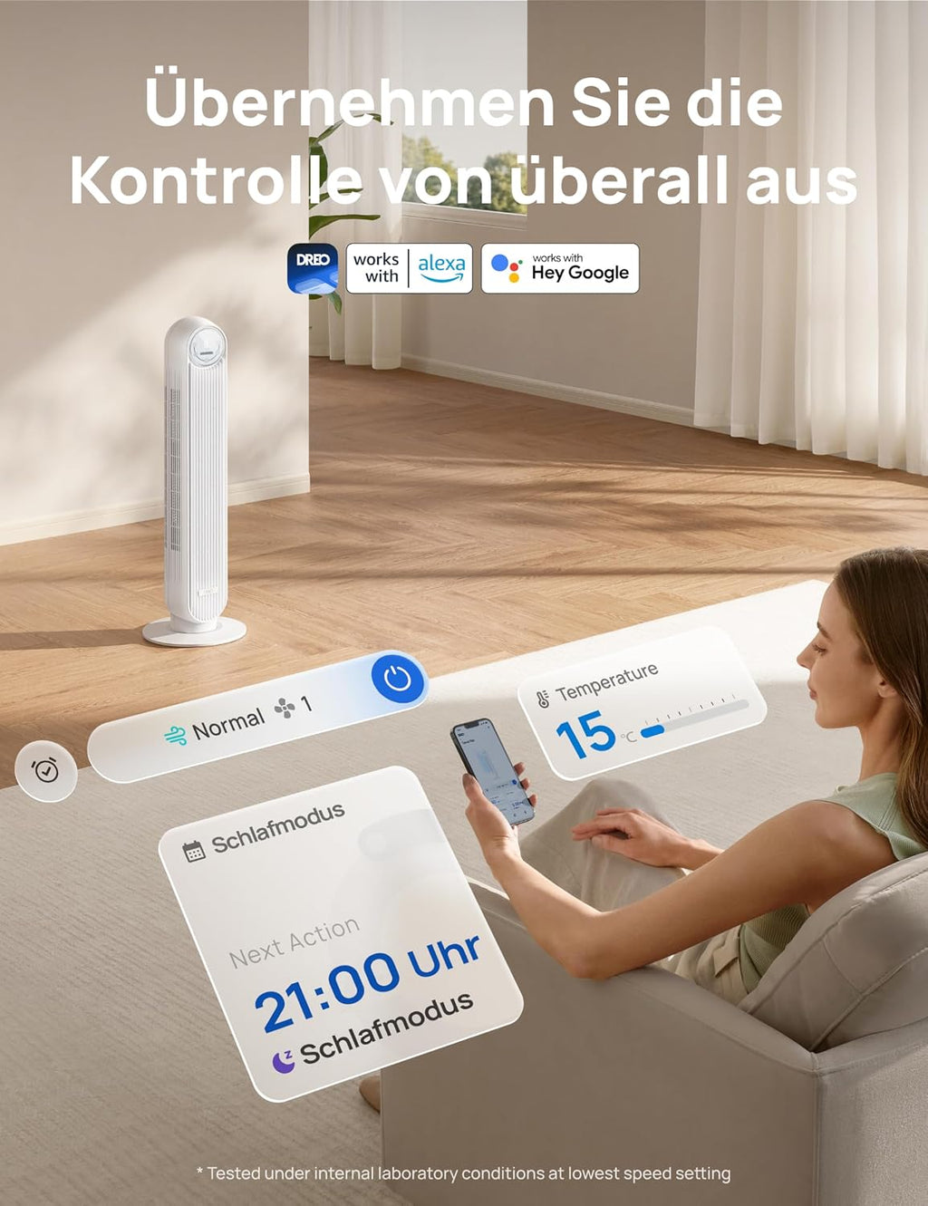 Dreo Nomad One S Ventilador de Torre Inteligente 20 dB con WiFi, 4 Velocidades, Oscilación 90°, Blanco