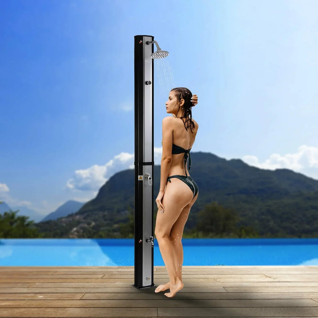 Arebos Ducha Solar 35 L de 216 cm con Termómetro y Lavapiés, Negra