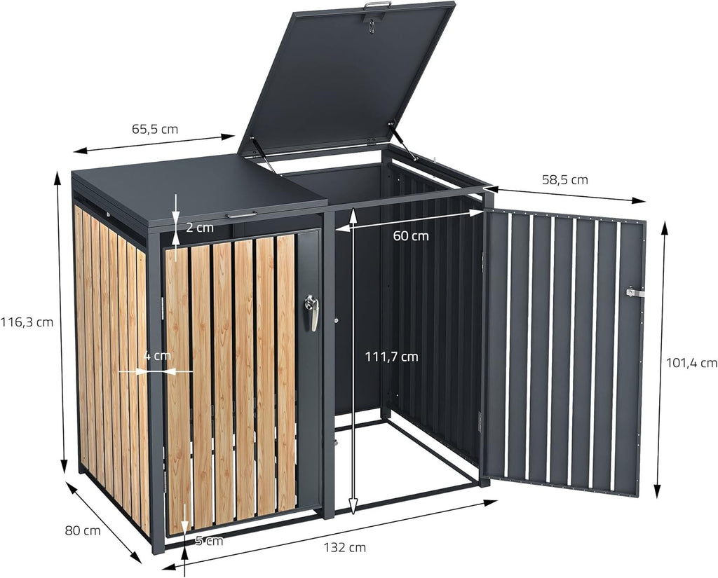 ML-Design Cubre Contenedores Triple 3 x 240 L en Acero, Antracita Efecto Madera, con Cerradura