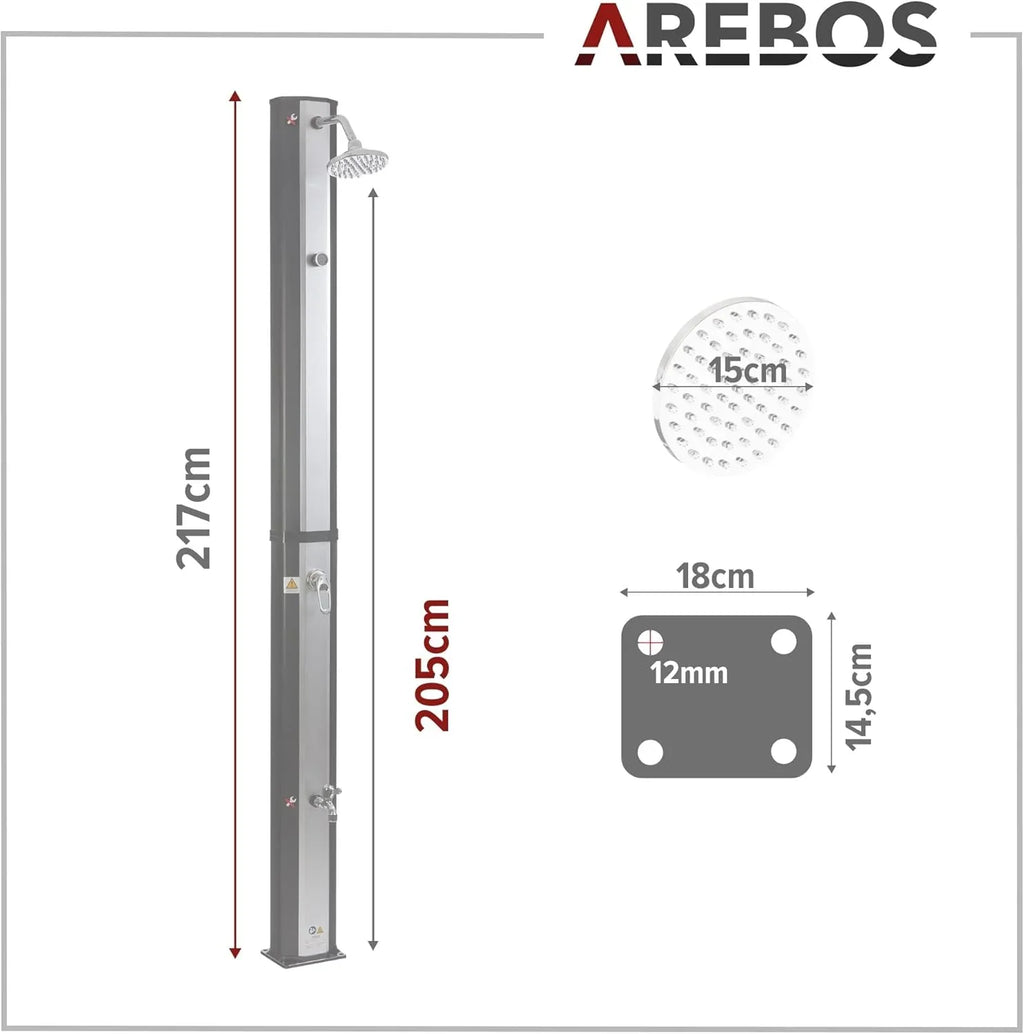 Arebos Ducha Solar 35 L de 216 cm con Termómetro y Lavapiés, Negra
