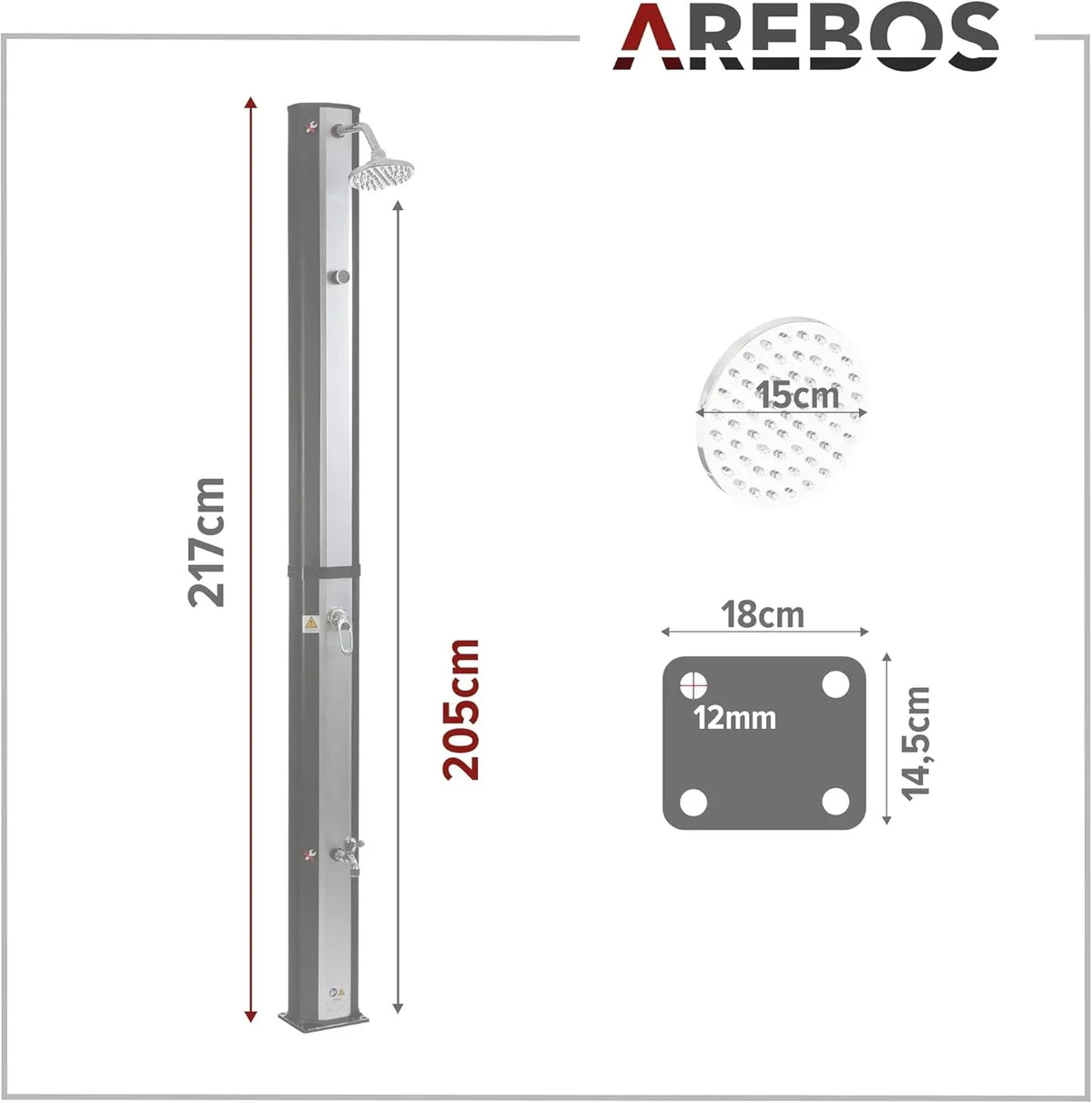 Arebos Ducha Solar 35 L de 216 cm con Termómetro y Lavapiés, Negra