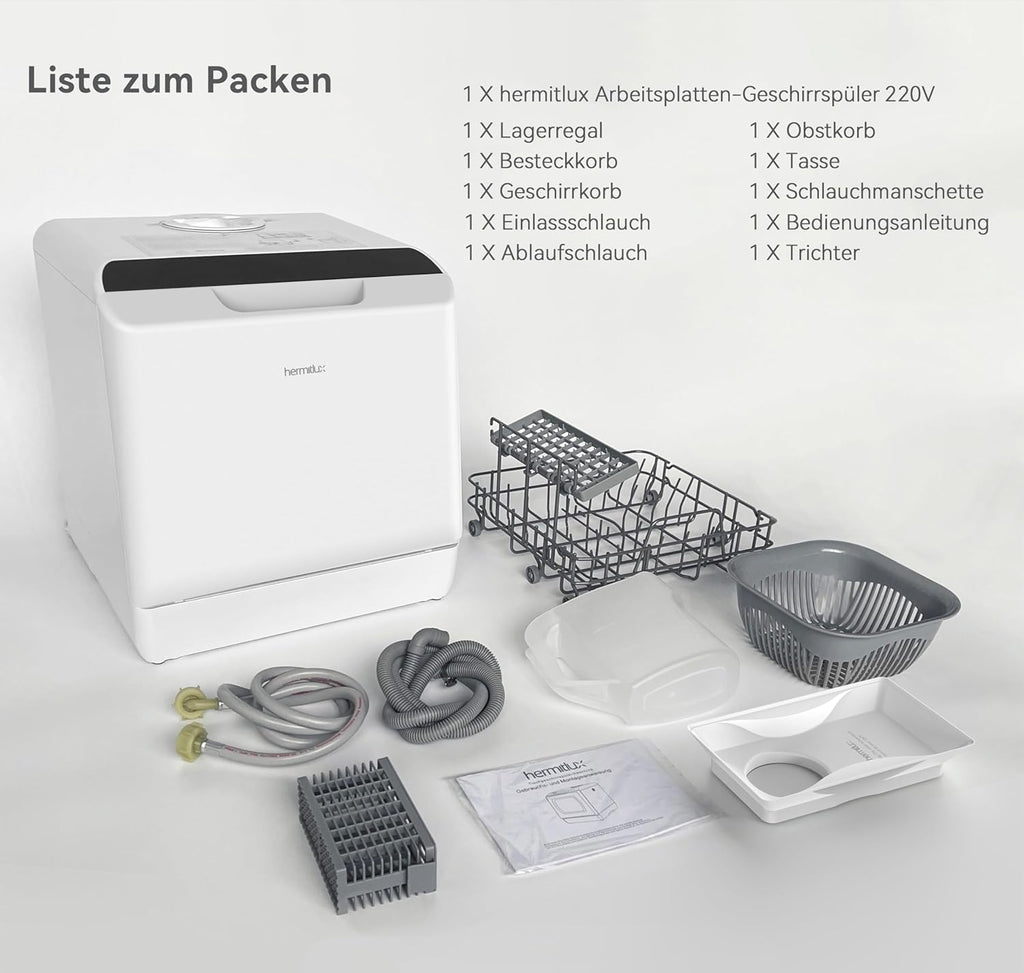 Hermitlux Mini Lavavajillas de Sobremesa para 4 Cubiertos con Depósito de 5 L, Blanco