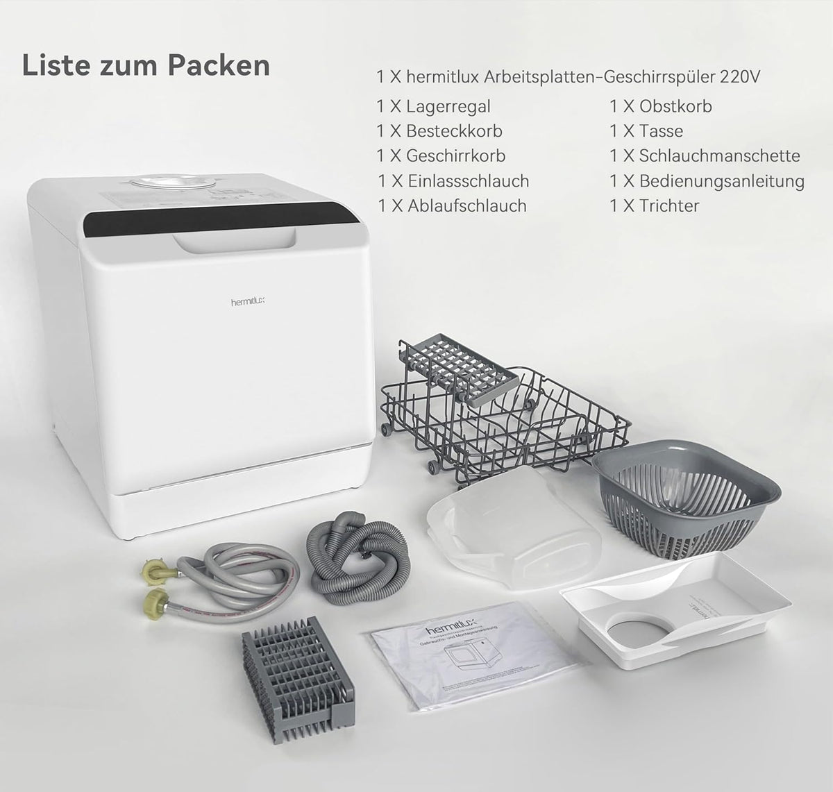 Hermitlux Mini Lavavajillas de Sobremesa para 4 Cubiertos con Depósito de 5 L, Blanco