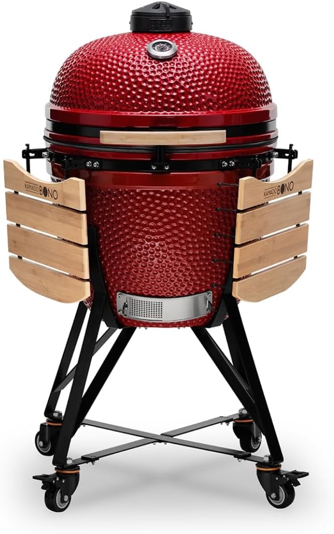 Kamado BONO Barbacoa Kamado Grande XXL Ø 59 cm Cerámica Roja con Accesorios y Ruedas