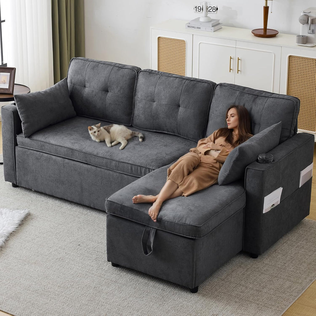 Sofá Cama Chaise Longue 3 Plazas Reversible con Portavasos y Bolsillos Laterales, Gris