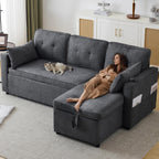 Sofá Cama Chaise Longue 3 Plazas Reversible con Portavasos y Bolsillos Laterales, Gris