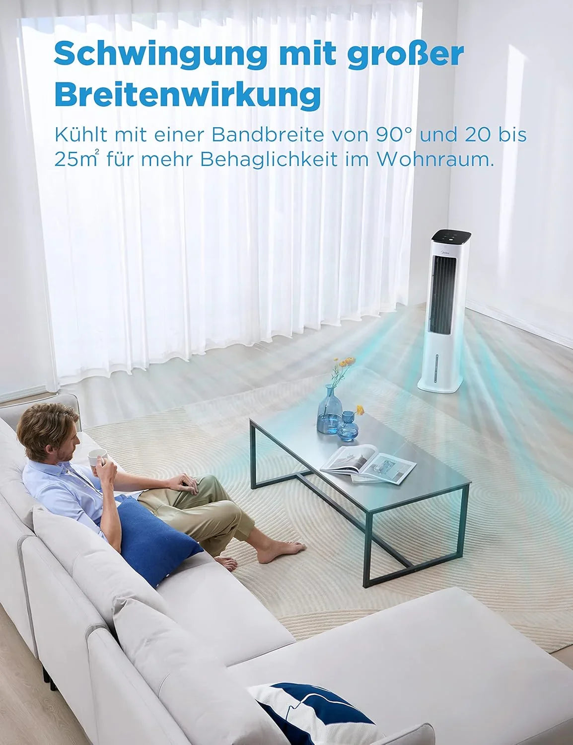 Midea Climatizador Evaporativo con Depósito de 5 L, Humidificador e Ionizador, 355 m³/h, Blanco
