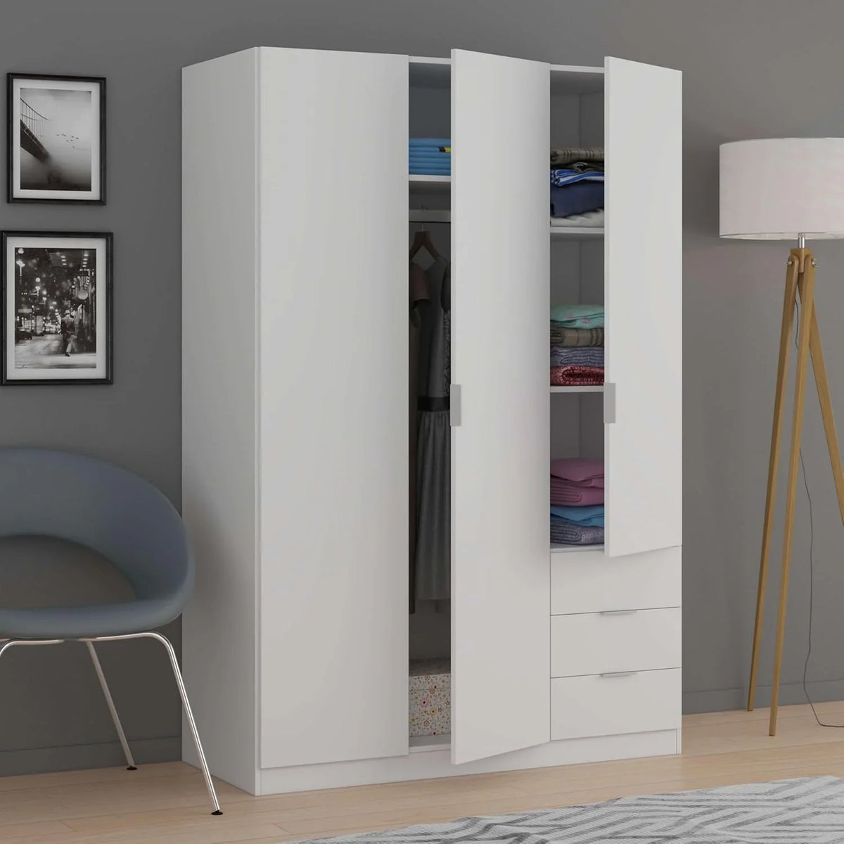 Habitdesign Armario 3 Puertas y 3 Cajones Blanco Ártico 121 x 180 x 52 cm
