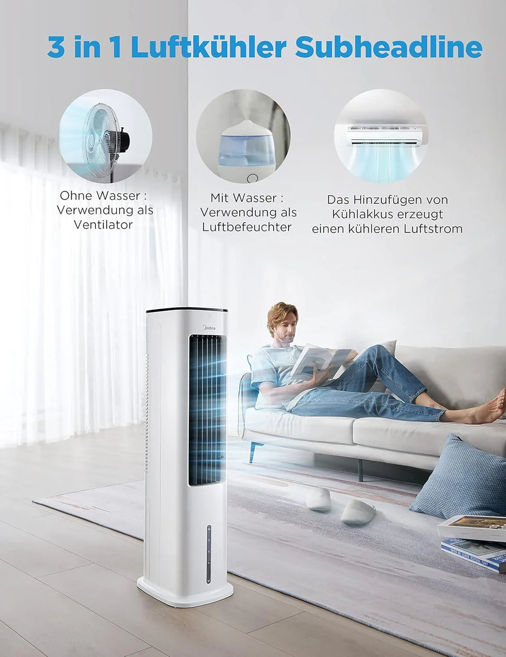 Midea Climatizador Evaporativo con Depósito de 5 L, Humidificador e Ionizador, 355 m³/h, Blanco