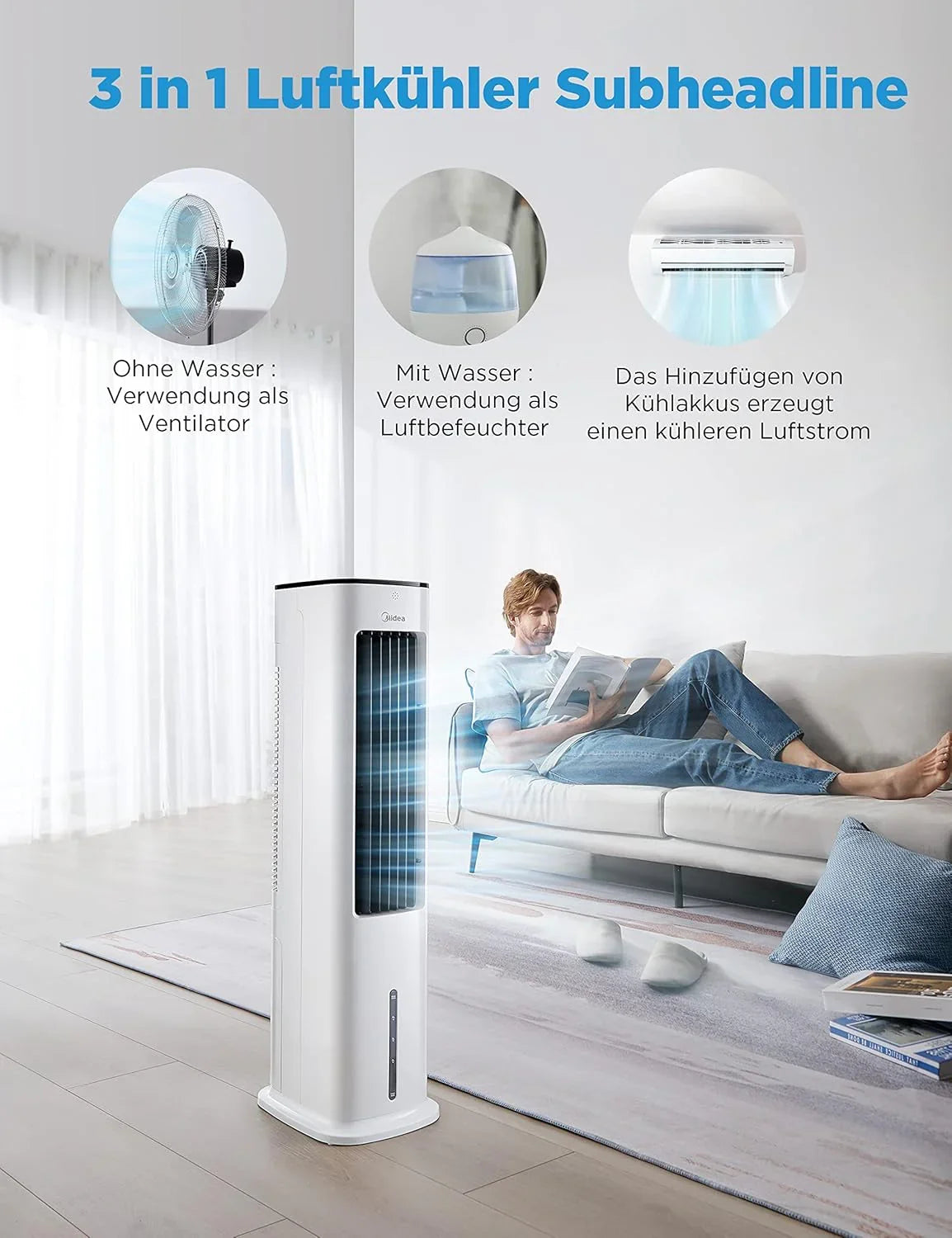 Midea Climatizador Evaporativo con Depósito de 5 L, Humidificador e Ionizador, 355 m³/h, Blanco