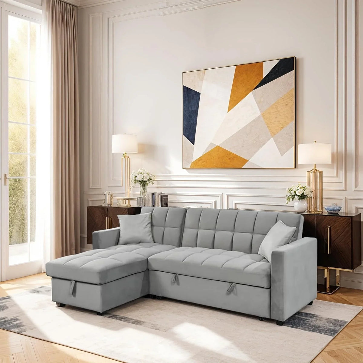 IBERA HOME Kris Sofá Cama Chaise Longue Reversible 210 x 145 cm con Arcón, Terciopelo Gris