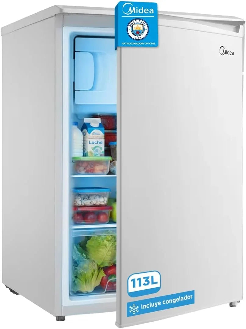 Midea MDRD168FGE01 Mini Frigorífico 113 L con Congelador, Bajo Encimera, Silencioso 39 dB, Blanco
