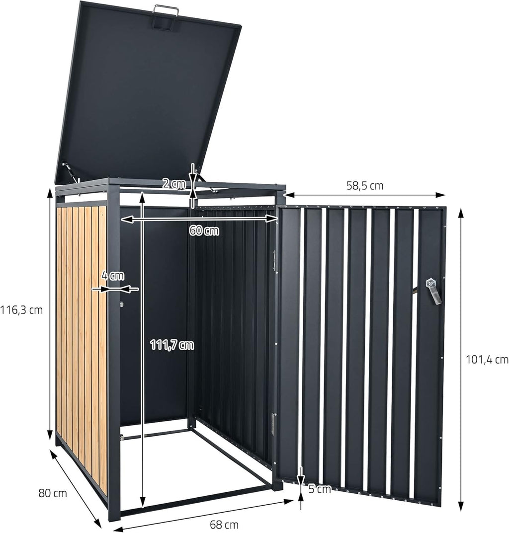 ML-Design Cubre Contenedores Triple 3 x 240 L en Acero, Antracita Efecto Madera, con Cerradura