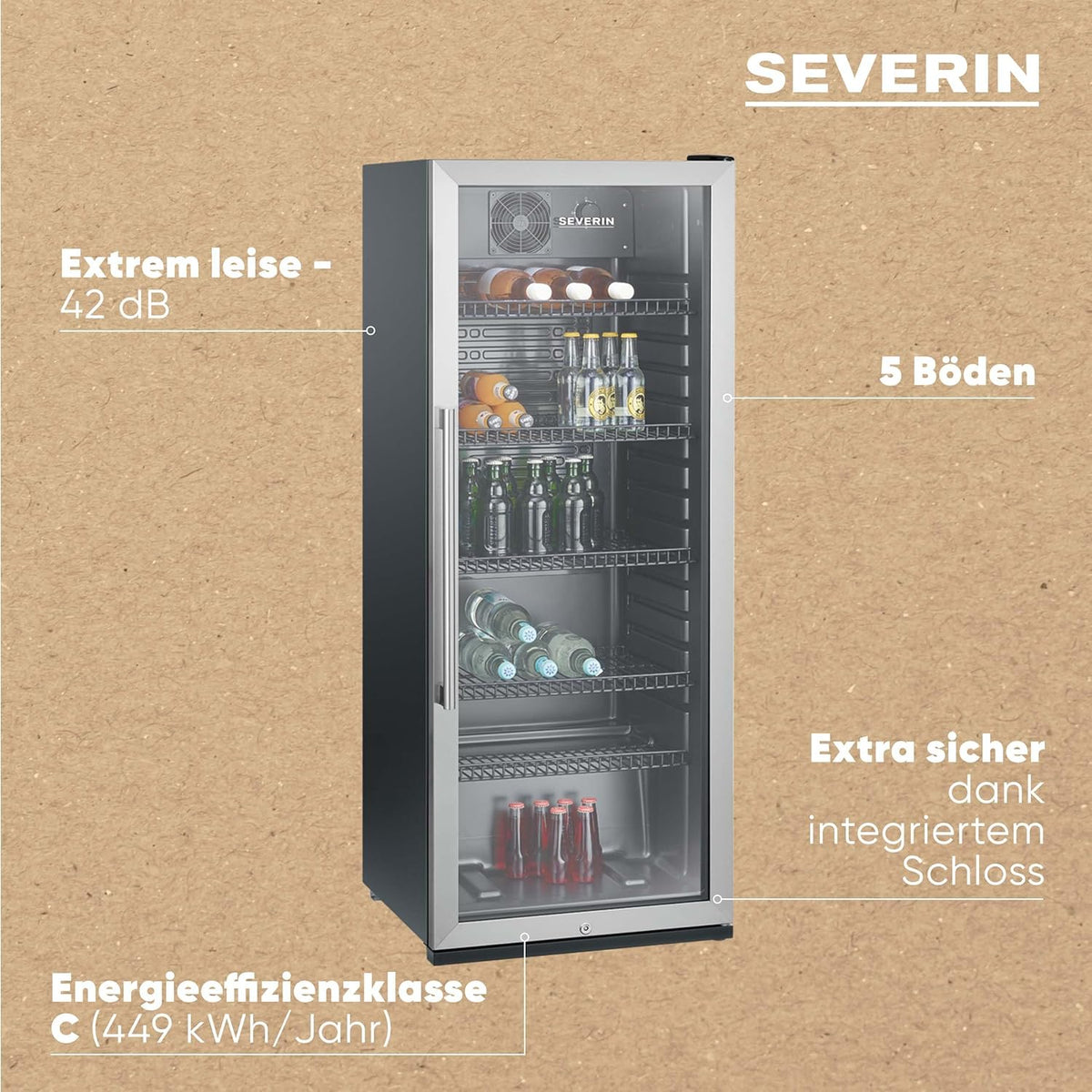 SEVERIN FSK 8840 Nevera para Botellas con Cerradura y Luz LED, 118 L, Negro/Plata